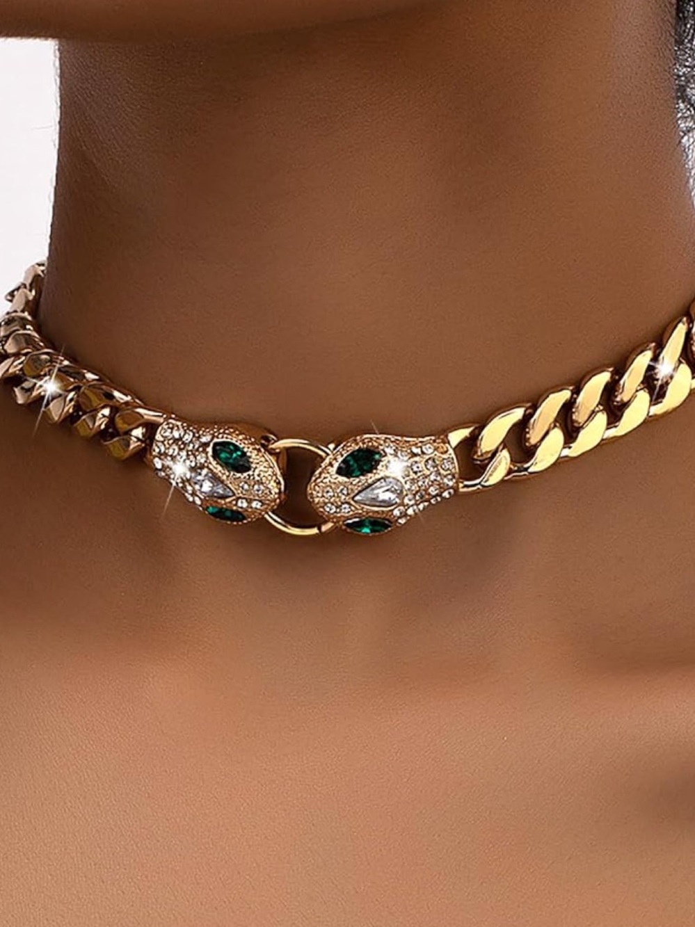Anthropologie Gold Choker Necklace with Green Stone Leopard Heads